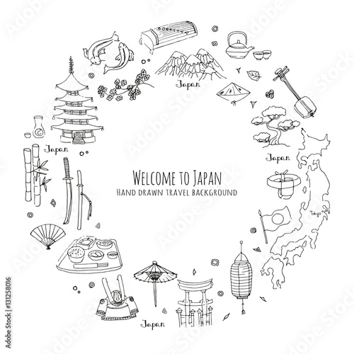 Hand drawn doodle Welcome to Japan set. Vector illustration. Sketchy Japanese related icons, Japan elements, map, pagoda, umbrella, sumo, sake, samurai, Fuji, food, sakura, fish, salmon, bamboo, sushi