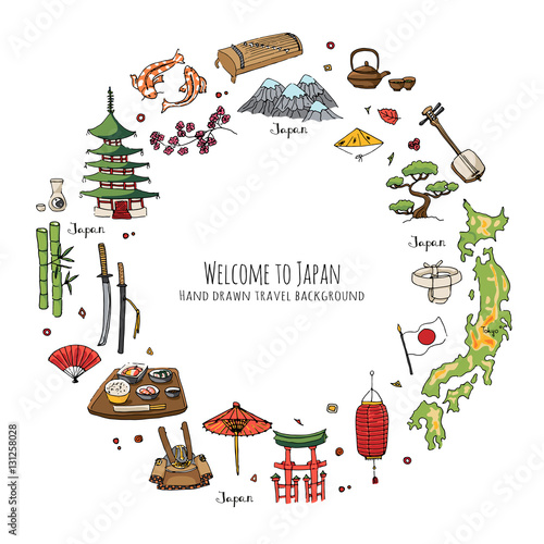 Hand drawn doodle Welcome to Japan set. Vector illustration. Sketchy Japanese related icons, Japan elements, map, pagoda, umbrella, sumo, sake, samurai, Fuji, food, sakura, fish, salmon, bamboo, sushi