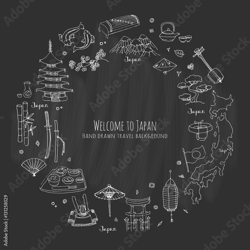 Hand drawn doodle Welcome to Japan set. Vector illustration. Sketchy Japanese related icons, Japan elements, map, pagoda, umbrella, sumo, sake, samurai, Fuji, food, sakura, fish, salmon, bamboo, sushi