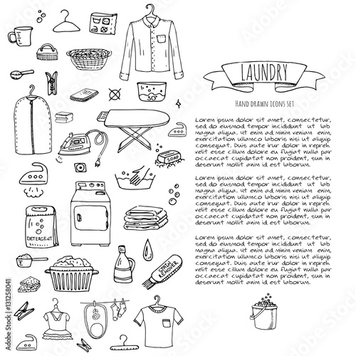 Hand drawn doodle Laundry set Vector illustration washing icons Laundry concept elements Cleaning business symbols collection Housework Equipment and facilities for washing, drying and ironing clothes