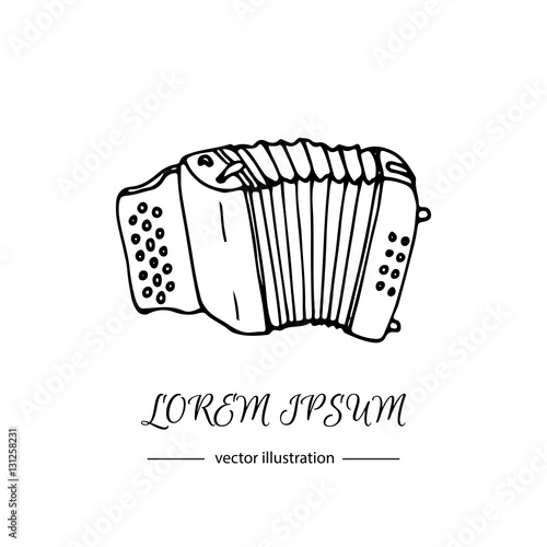 Hand drawn doodle Old red Accordion icon isolated on a white background. Vector illustration musical instrument. Cartoon sound concept symbol element. Music Accordion logo design template