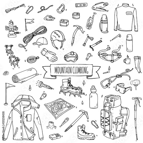 Hand drawn doodle Mountain Climbing icons set. Vector illustration. Mountaineering equipment collection. Cartoon sketch elements for trekking, hiking, tourism, expedition, camping, outdoor recreation.