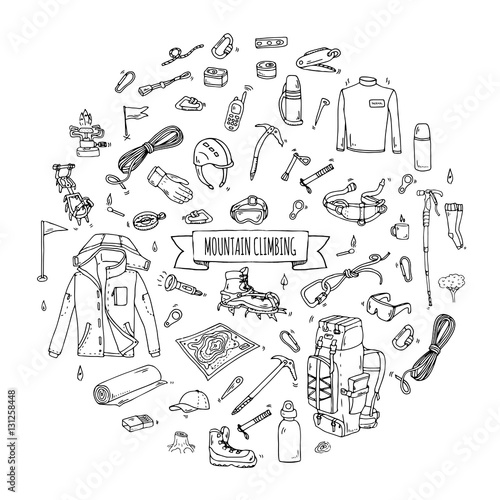 Hand drawn doodle Mountain Climbing icons set. Vector illustration. Mountaineering equipment collection. Cartoon sketch elements for trekking, hiking, tourism, expedition, camping, outdoor recreation.