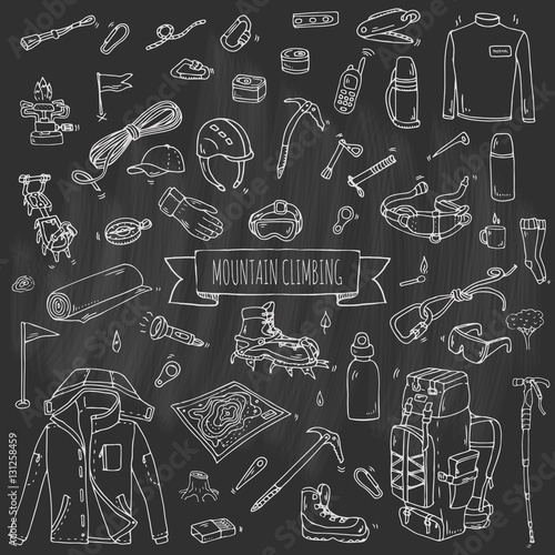 Hand drawn doodle Mountain Climbing icons set. Vector illustration. Mountaineering equipment collection. Cartoon sketch elements for trekking, hiking, tourism, expedition, camping, outdoor recreation.