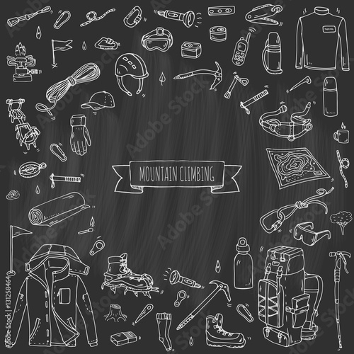 Hand drawn doodle Mountain Climbing icons set. Vector illustration. Mountaineering equipment collection. Cartoon sketch elements for trekking, hiking, tourism, expedition, camping, outdoor recreation.