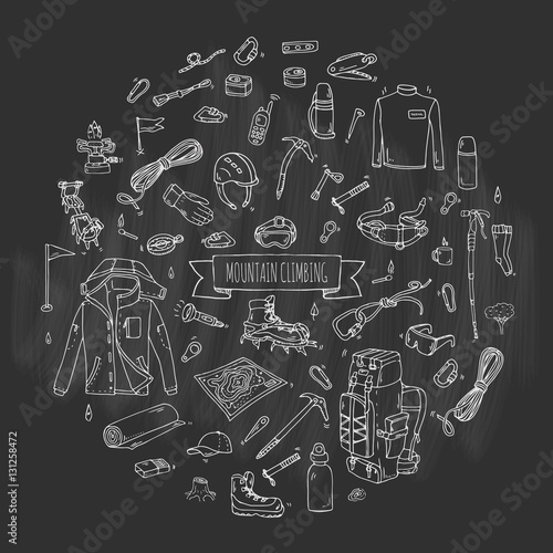 Hand drawn doodle Mountain Climbing icons set. Vector illustration. Mountaineering equipment collection. Cartoon sketch elements for trekking, hiking, tourism, expedition, camping, outdoor recreation.