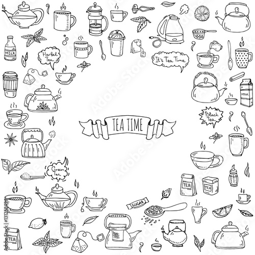 Hand drawn doodle Tea time icon set. Vector illustration. Isolated drink symbols collection. Cartoon various beverage element  mug  cup  teapot  leaf  bag  spice  plate  mint  herbal  sugar  lemon.