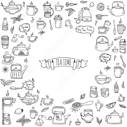 Hand drawn doodle Tea time icon set. Vector illustration. Isolated drink symbols collection. Cartoon various beverage element: mug, cup, teapot, leaf, bag, spice, plate, mint, herbal, sugar, lemon.