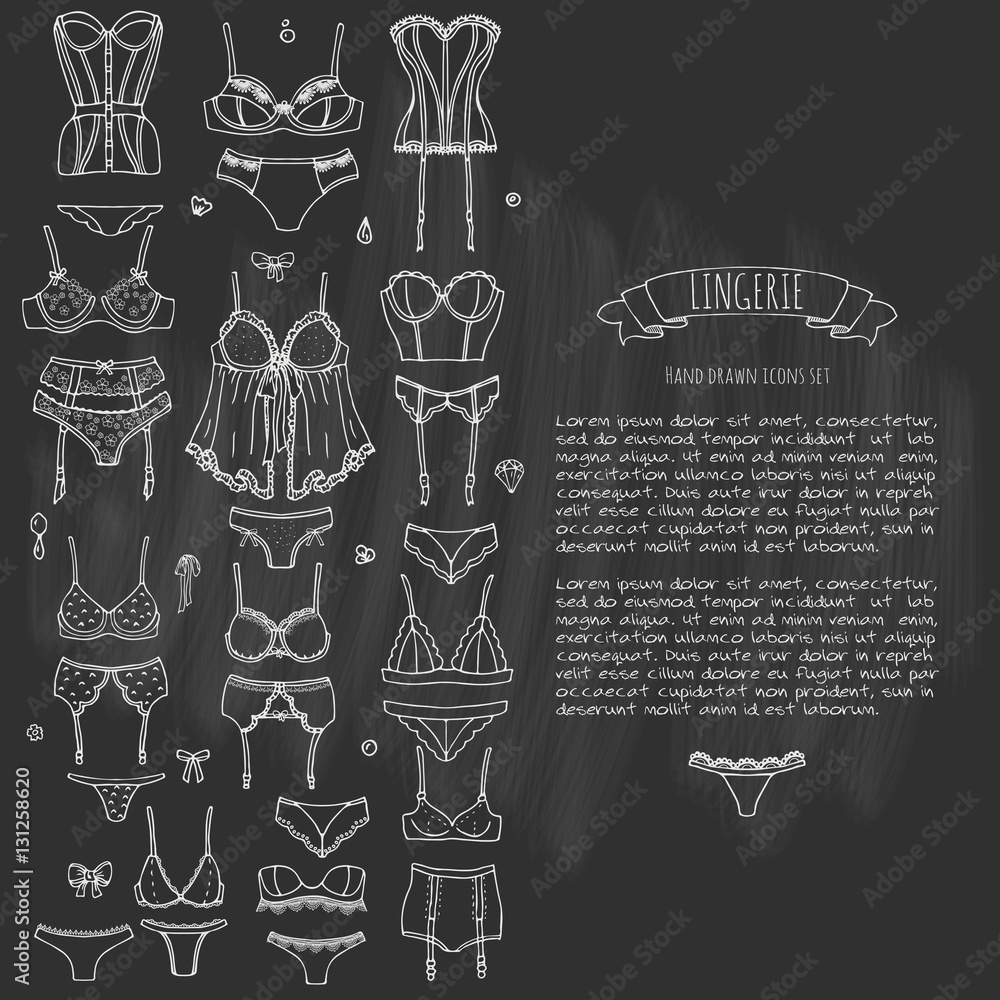 Hand drawn doodle Lingerie icon set. Fashion feminine vector illustration. Sexy lacy woman underwear symbol collection. Cartoon various sketch elements: bra, panties, corset, brassiere, string, bikini Hand drawn doodle Lingerie icon set. Fashion feminine vector illustration. Sexy lacy woman underwear symbol collection. Cartoon various sketch elements: bra, panties, corset, brassiere, string, bikini