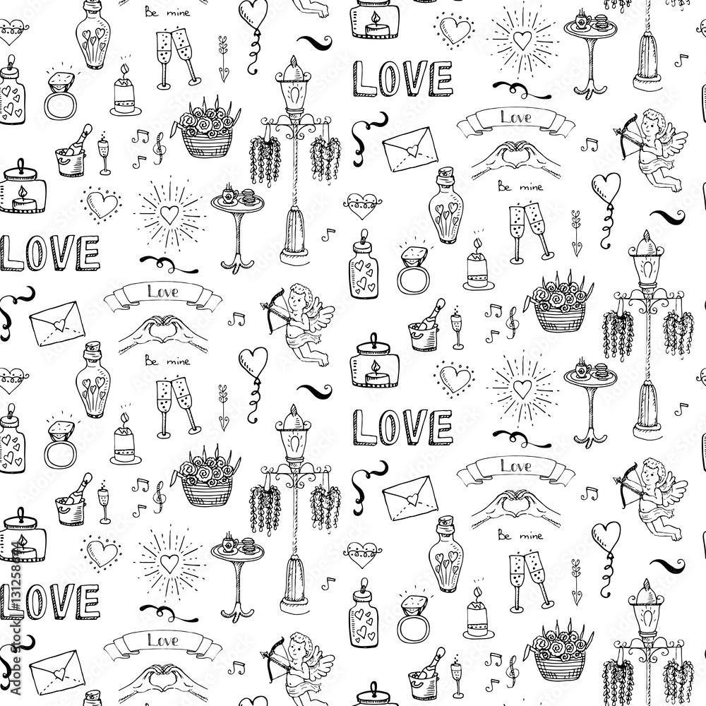 Pattern with hand drawn doodle Love and Feelings collection Vector illustration Sketchy Big set of icons for Valentine's day, Mothers day, wedding, love and romantic events Hearts hands Cupid Bicycle