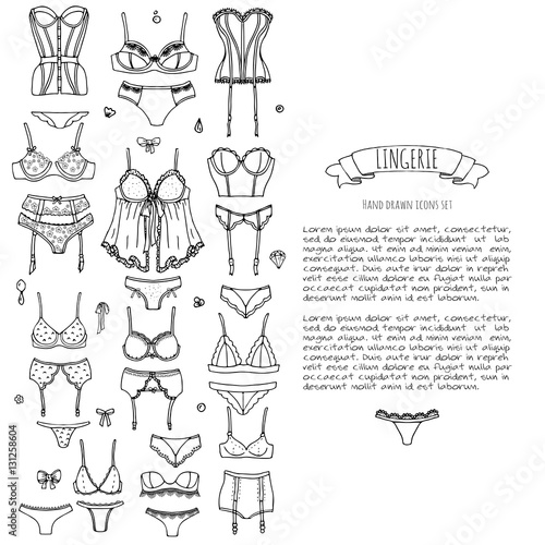 Hand drawn doodle Lingerie icon set. Fashion feminine vector illustration. Sexy lacy woman underwear symbol collection. Cartoon various sketch elements: bra, panties, corset, brassiere, string, bikini