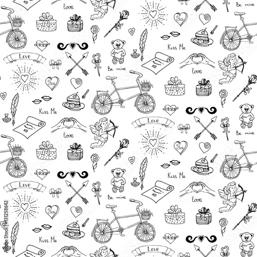 Pattern with hand drawn doodle Love and Feelings collection Vector illustration Sketchy Big set of icons for Valentine s day  Mothers day  wedding  love and romantic events Hearts hands Cupid Bicycle