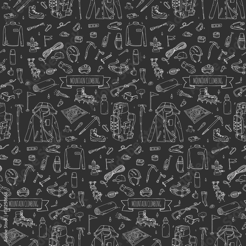 Seamless pattern Hand drawn doodle Mountain Climbing icons set. Vector illustration. Mountaineering equipment Cartoon sketch for trekking, hiking, tourism, expedition, camping, outdoor recreation.