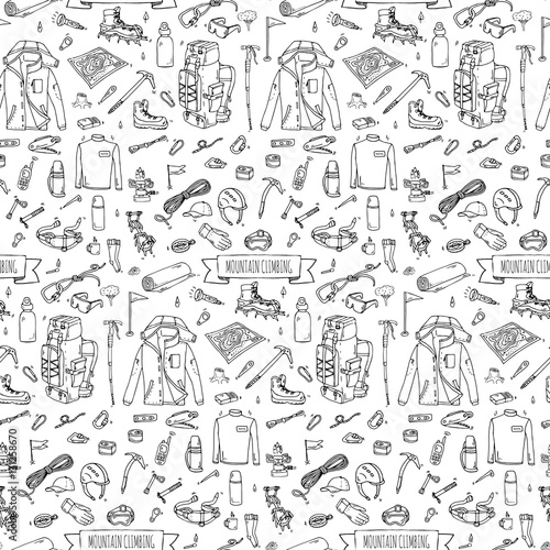 Seamless pattern Hand drawn doodle Mountain Climbing icons set. Vector illustration. Mountaineering equipment Cartoon sketch for trekking, hiking, tourism, expedition, camping, outdoor recreation.