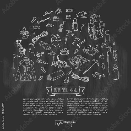 Hand drawn doodle Mountain Climbing icons set. Vector illustration. Mountaineering equipment collection. Cartoon sketch elements for trekking, hiking, tourism, expedition, camping, outdoor recreation.