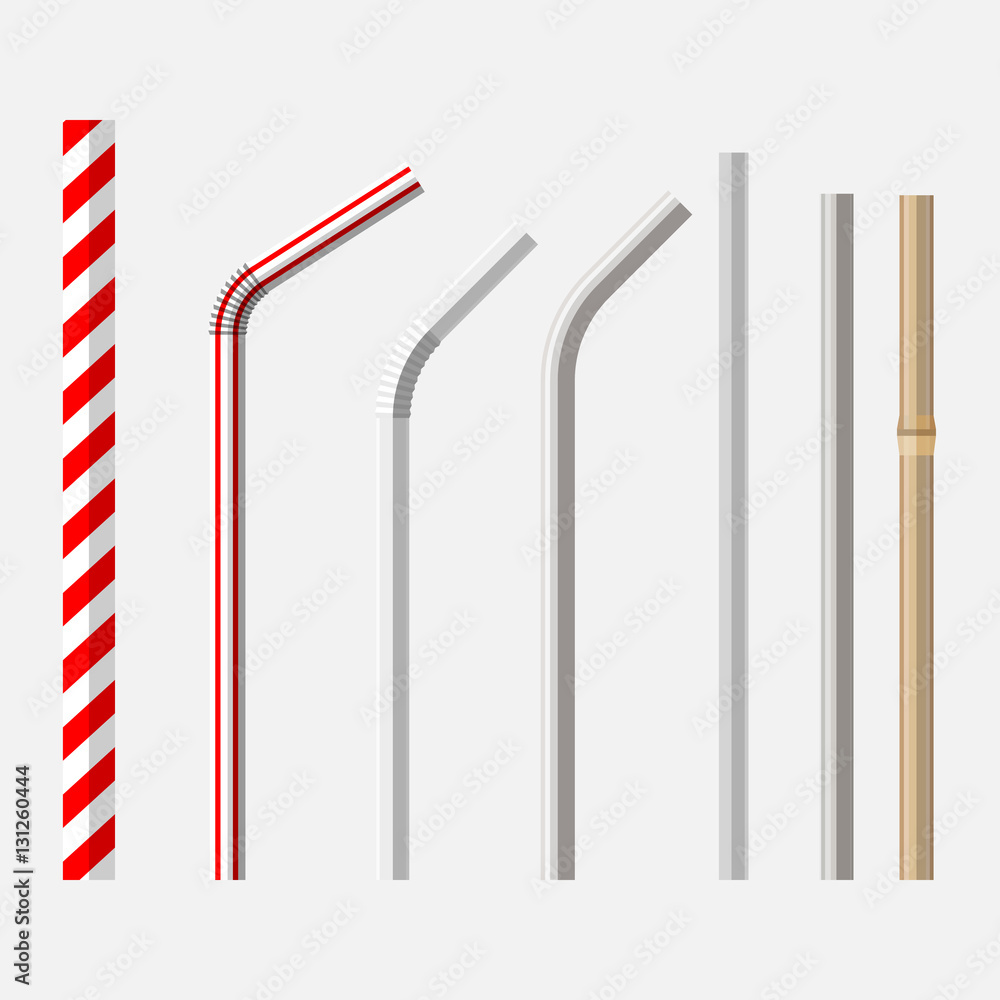top view flat lay vector set of different drinking straws from retro classic disposable striped plastic to the modern reusable modern glass, steel and bamboo top view flat lay vector set of different drinking straws from retro classic disposable striped plastic to the modern reusable modern glass, steel and bamboo