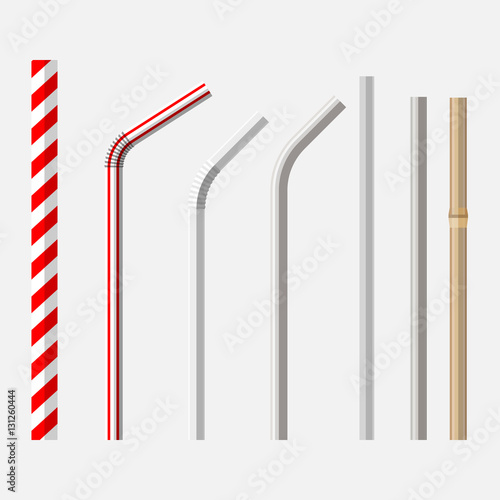 top view flat lay vector set of different drinking straws from retro classic disposable striped plastic to the modern reusable modern glass, steel and bamboo