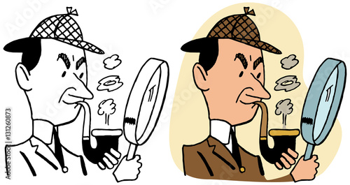 A detective looking at a clue with his magnifying glass