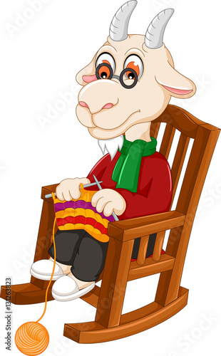 funny goat cartoon knitting on a rocking chair