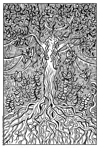 Dryad or Nymph in the forest. Engraved fantasy illustration