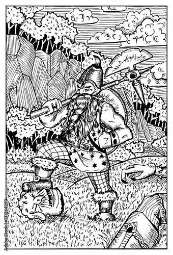 Dwarf fighting goblin. Engraved fantasy illustration