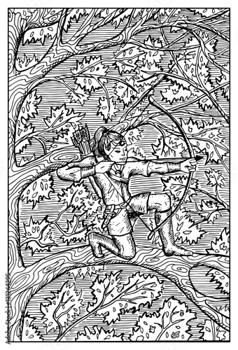 Elf with bow and arrows. Engraved fantasy illustration
