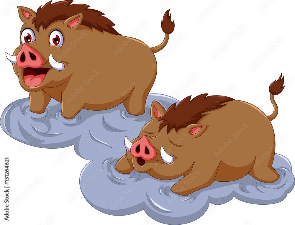 funny wild boar cartoon sitting with her baby Stock Vector | Adobe Stock