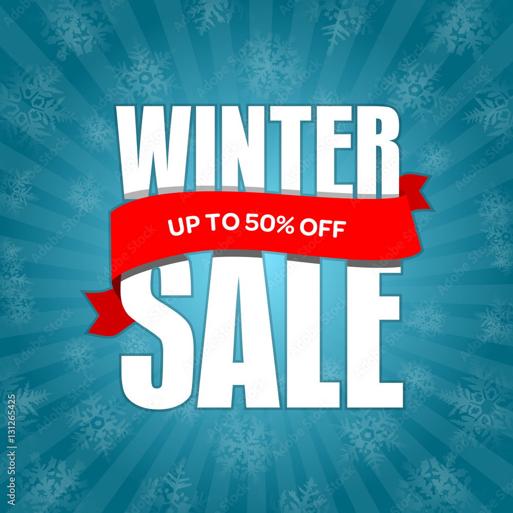 Fototapeta premium Winter sale badge, label, promo banner template. Up to 50% OFF discount sale offer vector illustration.
