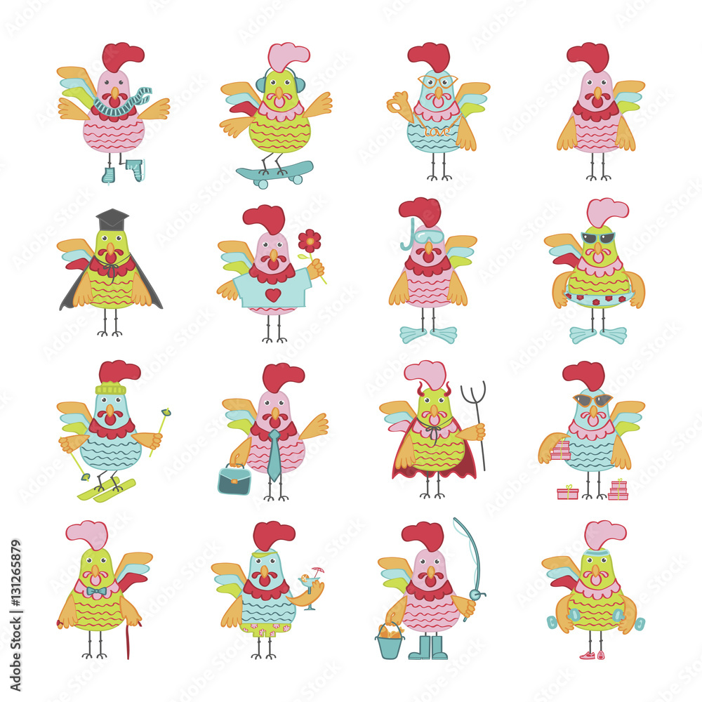 Set of Cute cartoon roosters characters illustration. Vector template with funny cocks. Symbol of 2017 Chinese New Year Set of Cute cartoon roosters characters illustration. Vector template with funny cocks. Symbol of 2017 Chinese New Year