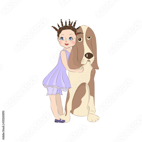 Cute little girl with her dog basset hound. Cartoon character for apparel or other uses in vector. T-shirt print or Book illustrations for children. Isolated on white background.