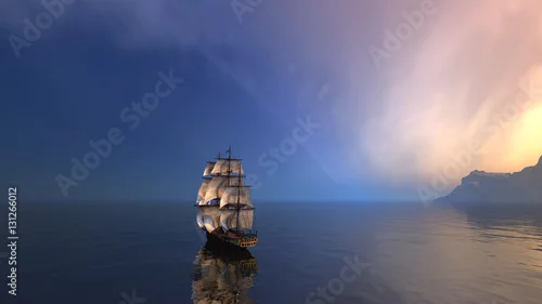 Obraz Renderowania 3D żaglowca w rozległym oceanie z małymi falami