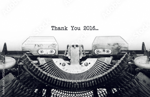 Vintage typewriter on white background with text thank you 2016.