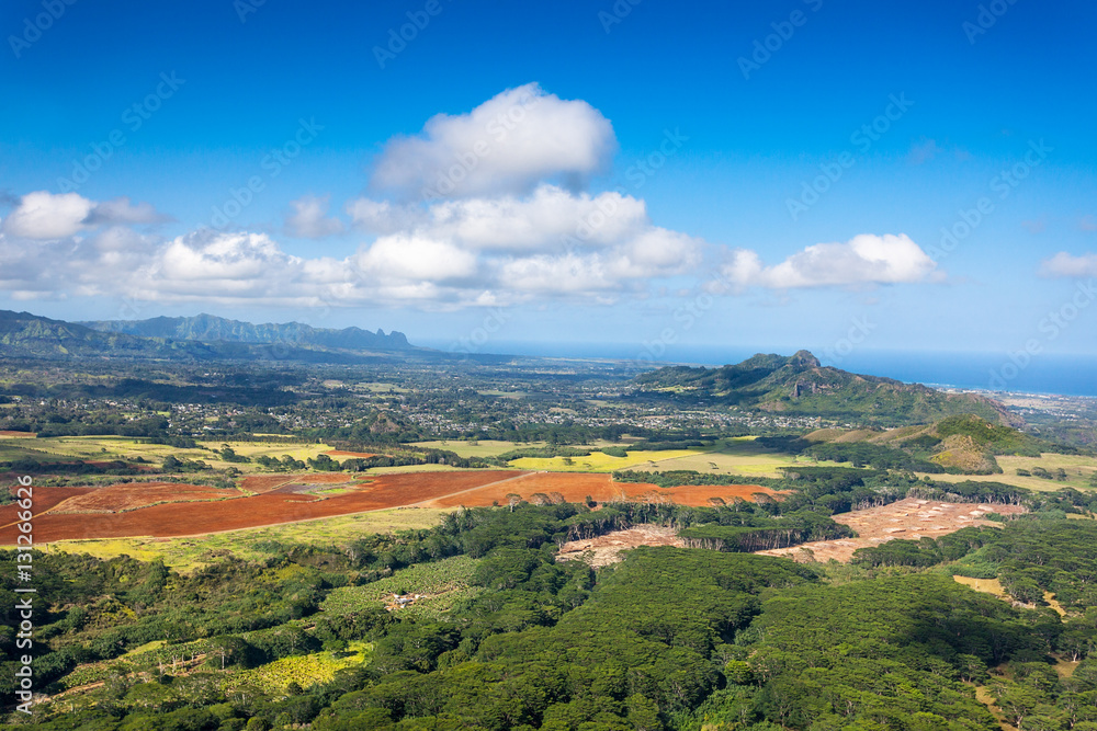 View to Wailua and Kapaa, Kauai - The Kalepa Ridge and Moloaa Forest Reserve dominate the otherwise flat plains
