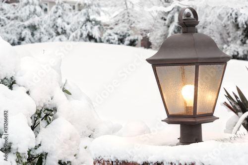 Closeup of a weathered copper driveway light on a snowy morning © Jo Ann Snover