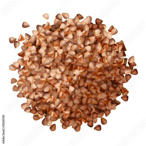Buckwheat groats pile top view on white background