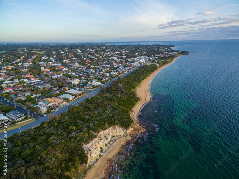 Aerial view of Black Rock suburb and Beach road in Melbourne at sunset. Port Phillip Bay coastline, Victoria, Australia