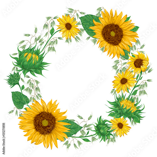 Wreath with sunflowers and oat. Rustic floral background. Vintage vector botanical illustration in watercolor style.