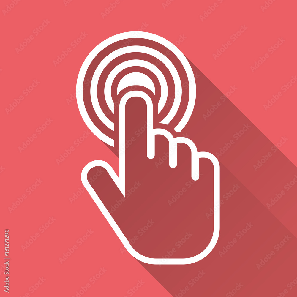 Click hand icon. Cursor finger sign flat vector. Illustration with long shadow on pink red background. Click hand icon. Cursor finger sign flat vector. Illustration with long shadow on pink red background.