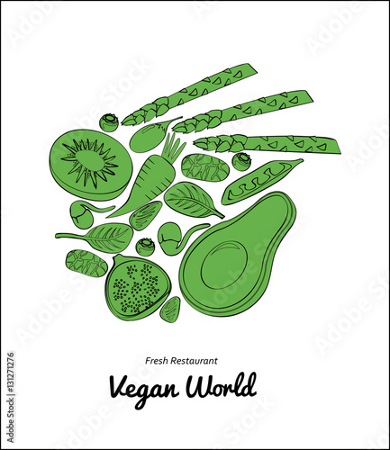 Graphic stroke vegetables and fruit round art. Vegan vegetable raw farm organic decorative background vector. Tomato avocado kiwi spinach goji fig bean