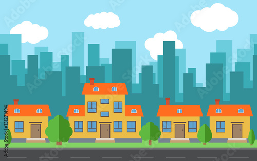 Vector city with cartoon houses and buildings. City space with road on flat style background concept. Summer urban landscape. Street view with cityscape on a background  