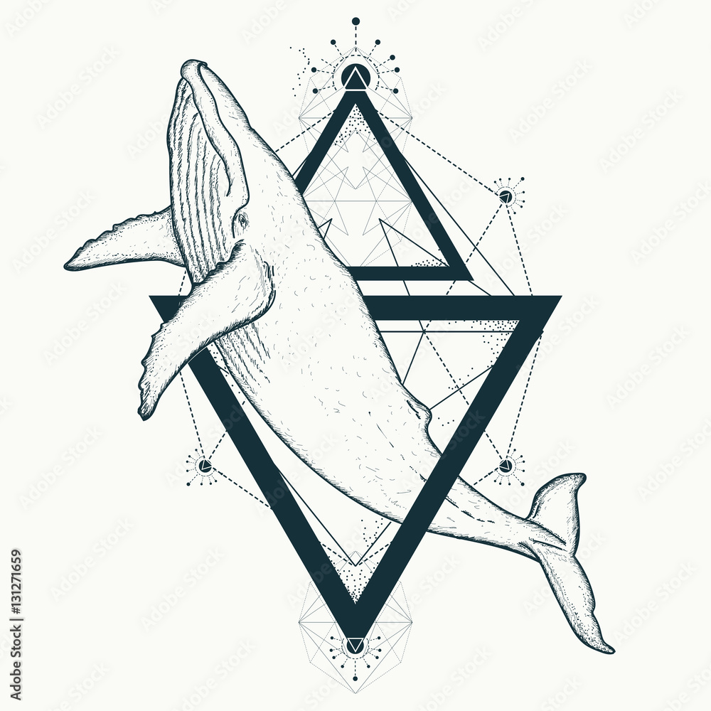 Naklejka premium Whale tattoo geometric style. Mystical symbol of adventure