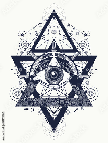 All seeing eye tattoo art vector. Freemason and spiritual symbol