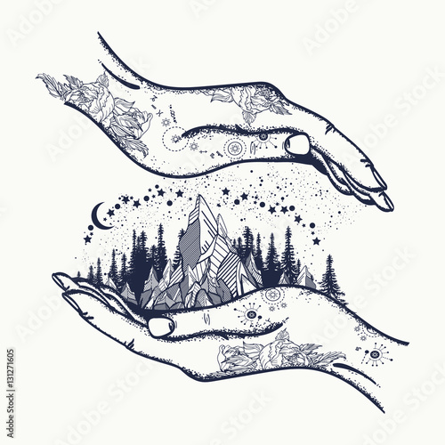 Mountains in hands, tattoo. Symbol of travel, tourism
