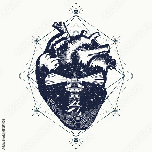 Lighthouse at heart tattoo, travel. Symbol of meditation