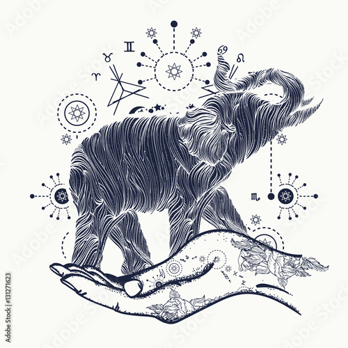 Elephant in the hands tattoo art. Elephant sacral style t-shirt