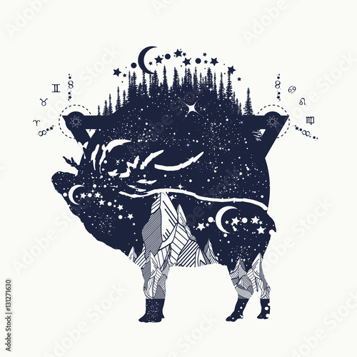 Deer against the background of mountains, tattoo