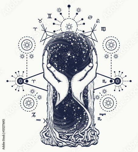 Space hourglasses tattoo, concept of time. Symbol astrology