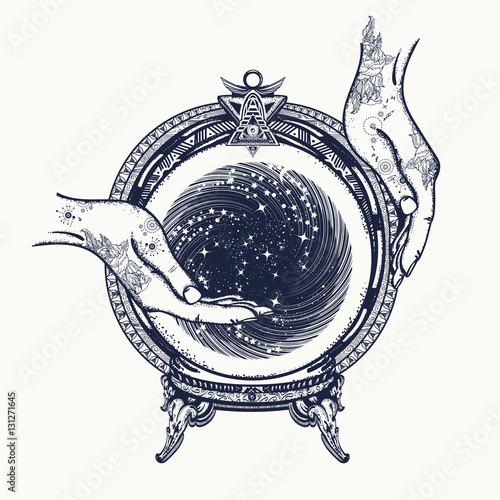 Fortune teller tattoo art and t-shirt design. Magic crystal ball