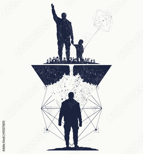 Father and son, concept of memory tattoo art. Immortality art