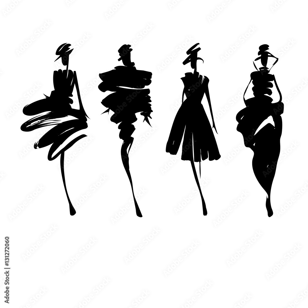 Fashion models sketch hand drawn , stylized silhouettes isolated . Vector fashion illustration set. Fashion logo. - obrazy, fototapety, plakaty 